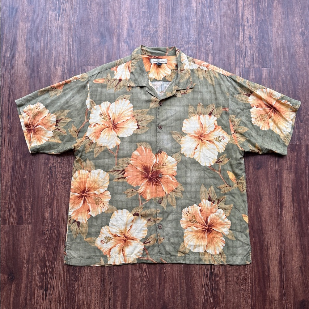 Tommy Bahama Silk Hawaiian Shirt Green Orange Hibiscus Floral Tropical Camp - XL